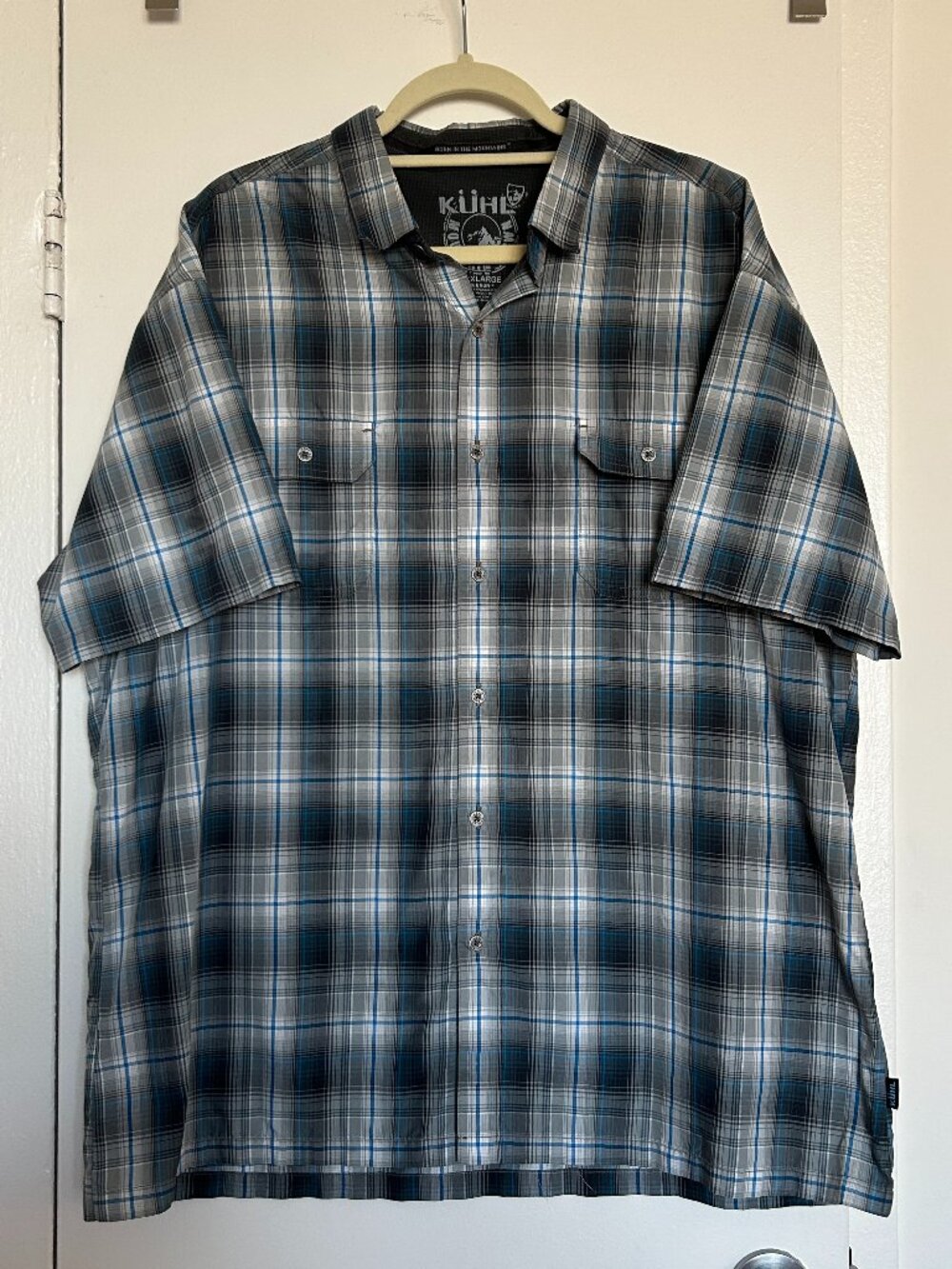 Kuhl Men's Performance Blue Gray Plaid Short Sleeve Button Down Shirt (XXL)